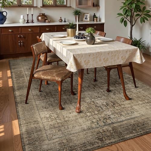 Washable Area Rug 4' x 6' Vintage Traditional Persian Mat (Mocha and Taupe / 4' x 6' (Rectangular))