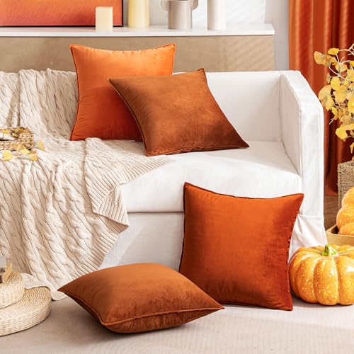 Fall Decorative Burnt Orange Velvet Throw Pillow Covers 16x16 Inch (16" x 16" (Pack of 2) / Burnt Orange)
