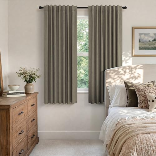 Living Room Darkening Curtains 63 Inches Long Small Bay Window Blackout Soundproof Dining Room Curtains Rustic Farmhouse Linen Dark Taupe Curtain 63 Inch Length 2 Panels Back Tab Pocket Pleated Drapes (Dark Taupe / 52"W x 63"L (Pack of 2))
