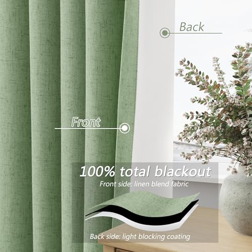100% Blackout Linen Curtains 102 Inch Length 2 Panels Set for Living Room Bedroom Back Tab Thermal Insulated Black Out Linen Drapes Room Darkening Window Curtains (Light Sage / 52"W x 102"L (Pack of 2))