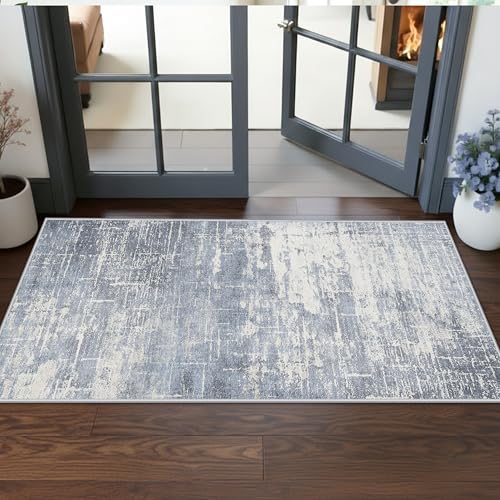 Washable 2x5 Abstract Hallway Runners (2' x 5' (Rectangular) / Blue/Ivory)
