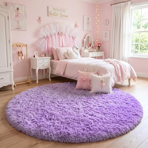 Purple Fluffy Round Kids Area Rug 5Ft for Girls Bedroom Nursery (Purple / 5' (Round))