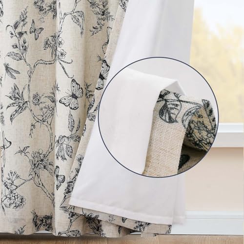 Black Floral Linen Curtains Lined 84 Inch Vintage Back Tab 2 Panels (Charlotte Black / 50"W x 84"L (Pack of 2))
