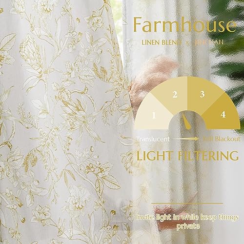 Yellow Floral Linen Curtains 90 Inch Vintage Back Tab 2 Panels (Flower Yellow on White / 50"W x 90"L (Pack of 2))