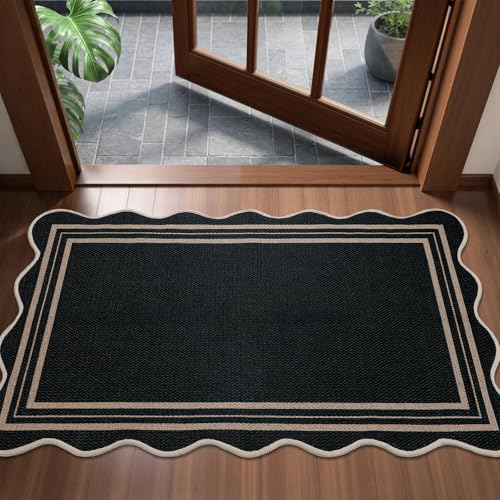 2x3 Front Door Mat Easy Jute Scalloped Doormat Small Entryway Rug (2' x 3' (Rectangular) / Scalloped - Black Geometric)