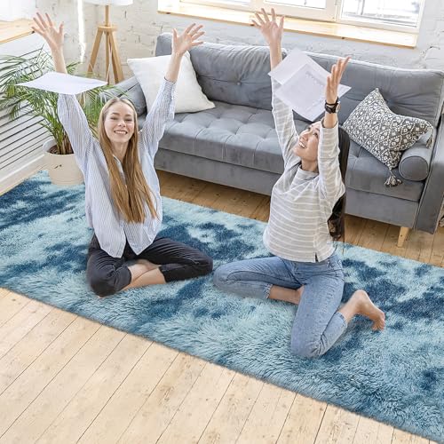 Super Soft Fluffy Living Room Area Rug 2x10 ft Tie (Tie-dyed Blue / 2' x 10' (Runner))