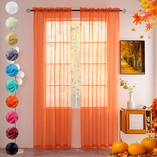 Solid Sheer Rod Pocket Curtain Voile Draperies 2 Panels White Beige Black Grey Coffee 52 Inch Width 72 Inch Long 1 Pair for Kitchen Bedroom Children Living Room Yard (Orange Red / 52"W x 72"L (Pack of 2))