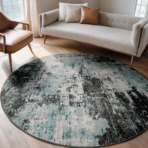 Washable Round 6ft Area Rug for Living Room Teal Black (Black/Teal Blue / 6' (Round))