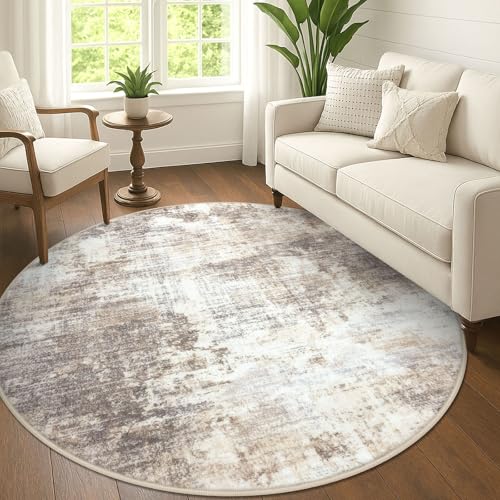 Abstract Round Area Rug 6 Ft Washable Circle Rugs Large Round Rug Non Slip Thin Soft Circle Rugs (Gold/Yellow/Brown/Beige/White / 6' x 6' (Rectangular))