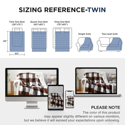 Sherpa Blanket Twin Plaid Thick Bed Blanket (Brown-check / 60"*80")