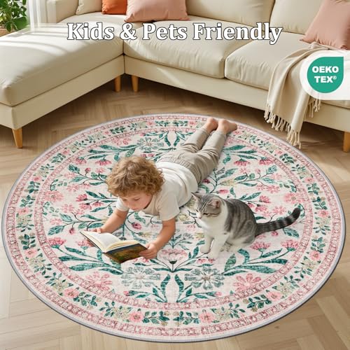 Round Area Rug Living Room (Pink/Green / 4' (Round))