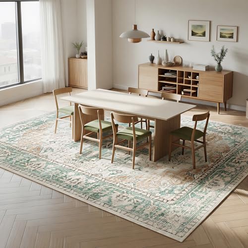 8x10 Moroccan Retro Washable Area Rugs for Living Room (8' x 10' (Rectangular) / Light Green-milky White-light Brown-dark Green)