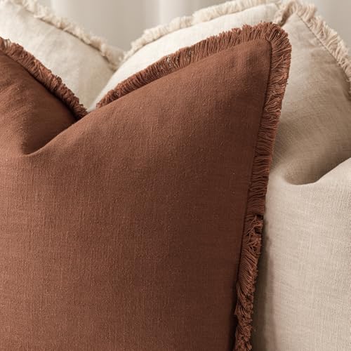 Decorative Linen Fringe Throw Pillow Covers 20×20 Rust Orange (20" x 20" (Pack of 2) / Late Autumn)