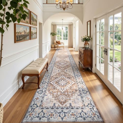 2'6" x 14' Hallway Kitchen Washable Runner Rug (Floral Brown / 2'6 x 14' (Runner))