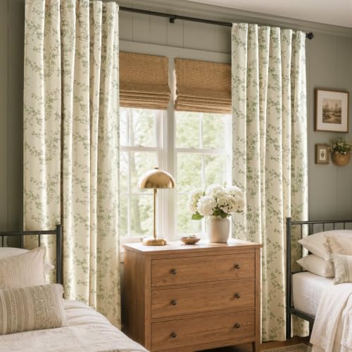 Blackout Vintage Floral Linen Curtains Green on Beige 50×96 2 Panels (Green / 50"W x 96"L (Pack of 2))