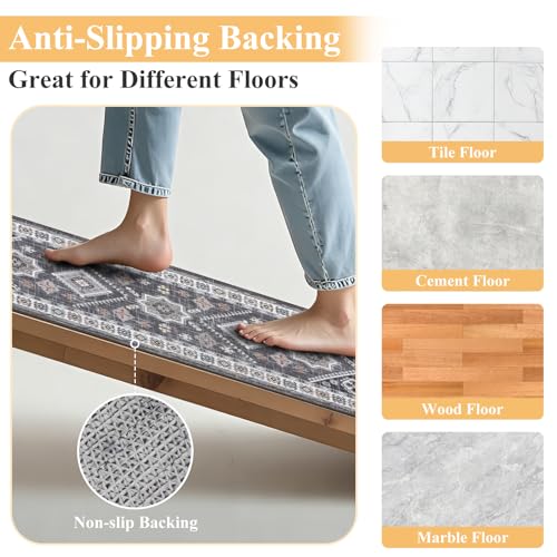 HEBE Boho Kitchen Rugs Set of 3 (Natural/Grey / 20"x32"+20"x48"+20"x59")