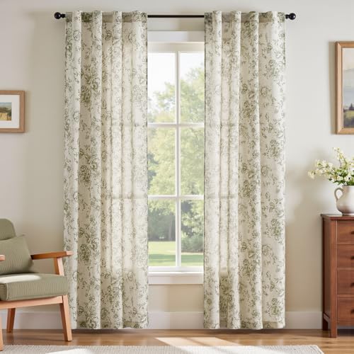Vintage Floral Linen Curtains 84 Long for Living Room 2 Panels (Green / 38"W x 84"L (Pack of 2))