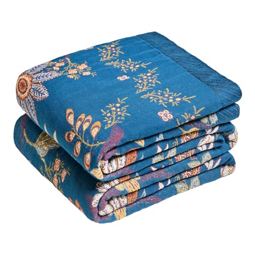 Boho Throw Blanket 60"x80" 100% Cotton Twin Floral Throw for Couch (Navy Garden / 60"x80")