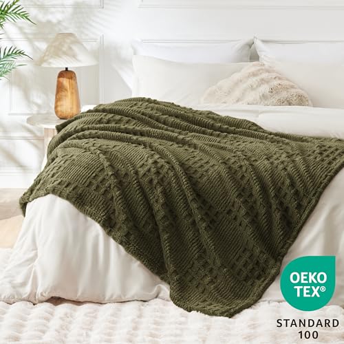 Green Fleece Throw Blanket for Couch or Bed Waffle Pattern Decor (02-moss Green / Throw)