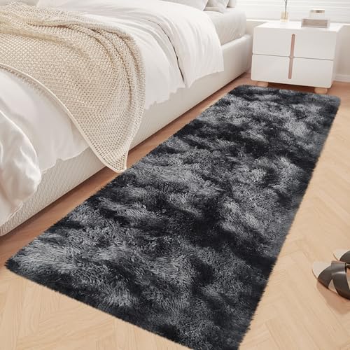 Tie Dyed Runner Rug for Bedroom Black Grey 2x6ft Fluffy Area Rug Bedside Runner Rug for Kids Room Boys Teens Nursery Baby Living Room Dorm Home Decor Carpets (Tie-dyed Black Grey / 2' x 6' (Runner))