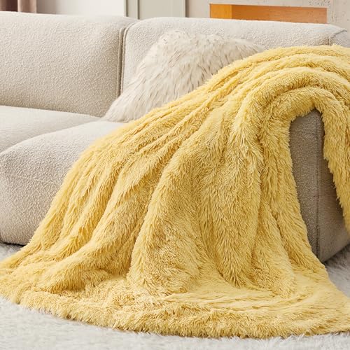 Faux Fur Fluffy Fleece Sherpa Blanket Couch Throw Yelllow 50"x60" (20- Light Yellow / Throw (50" X 60"))