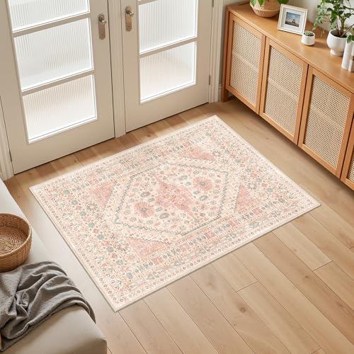 2x3 Entryway Rug Vintage Washable Rug Runner for Kitchen (Pink / 2' x 3' (Runner))