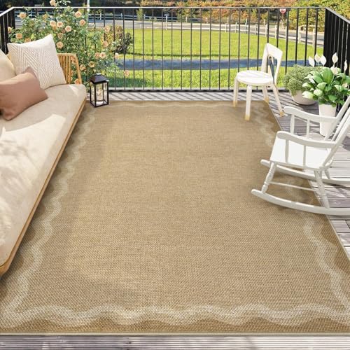 Scalloped Washable 8x10 Outdoor Rug (8‘ x 10’ / Tan/Scalloped)