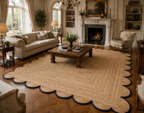 Scalloped Natural Jute Area Rug 8x10 Ft (8'x10' / Navy)
