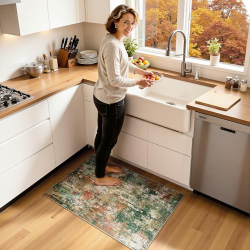 Washable 2'x3' Abstract Area Rug for Living Room Green Multi (Green/Orange/Red/Blue / 2' x 3' (Rectangular))