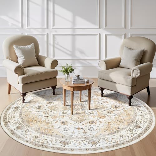 Amada Round 8x8 Washable Area Rug for Dining Room (8' (Round) / Distressed Beige/Cream)