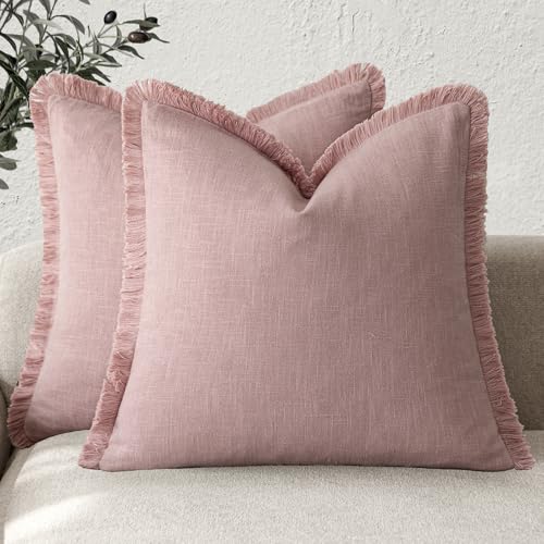 Decorative Linen Fringe Throw Pillow Covers 22×22 Inch (22" x 22" (Pack of 2) / Blush)