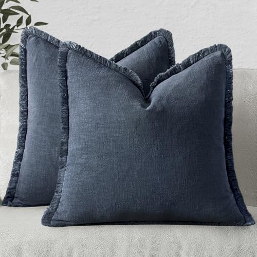 Boho Linen Fringe Decorative Throw Pillow Covers Indigo Blue 20x20 (20" x 20" (Pack of 2) / Indigo Blue)
