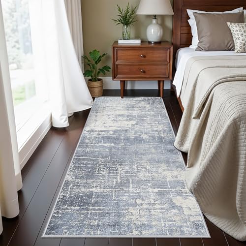 Washable 2x5 Abstract Hallway Runners (2' x 5' (Rectangular) / Blue/Ivory)