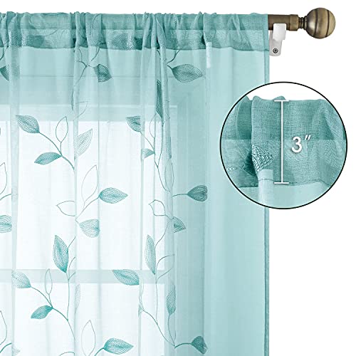 Turquoise Sheer Curtains Leaf Embroidered (52"W x 63"L (Pack of 2) / 5-turquoise)