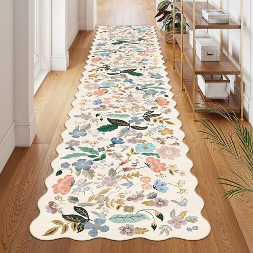 HY HAOYUNLAI Washable 2'6x10 Hallway Runner Rug Low Pile Scalloped Carpet (2'6" x 10' (Rectangular) / Cream/Floral)