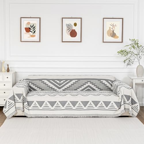 Sectional Couch Cover Grey Boho Geometric Sofa Covers for Sectional Sofa L Shape Chenille Couch Protector for Dogs Pets Couch Throw Cover Washable Durable for Home Decor (71" x 118" / 2# Bohemia Light Grey)