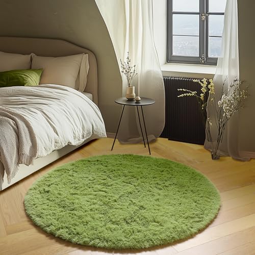 Grass Green Fluffy Round Rug Circle Area Rugs 4ft for Kids Teen Bedroom (Green / 4' (Round))
