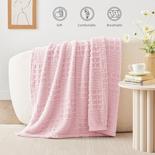Pink Fleece Throw Blanket for Couch or Bed Waffle Pattern Decor (02-pink / Throw)