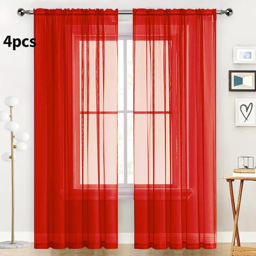Sheer Red Curtains 4 Panels Rod Pocket Semi (Red / 52"W x 72"L (Pack of 4))