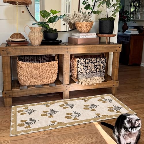 Front Door Mat Indoor Entrance (Flower - Beige / 2' x 4'3" (Rectangular))