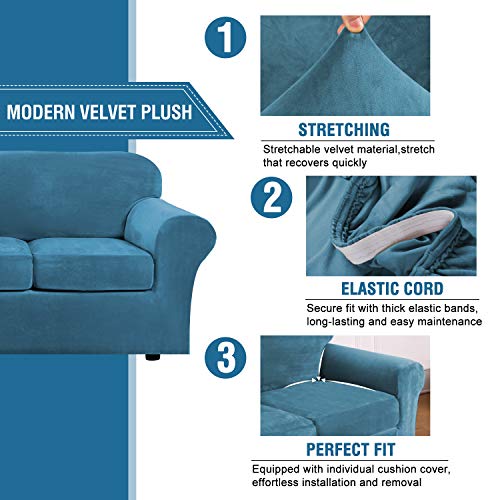 Real Velvet Plush 3 Piece Stretch Sofa Covers Couch Covers for 2 Cushion Couch Loveseat Covers Width Up to 72 Inch Thick Soft Stay in Place (2 Cushion Loveseat / Peacock Blue)