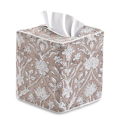 Block Print 100% Cotton Square Tissue Box Cover Taupe (Taupe)