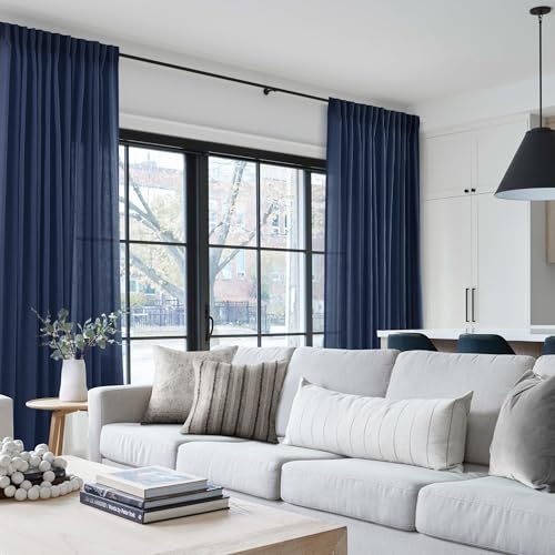 Navy Blue Curtains 120 inch Length for Bedroom Back Tab Light Filtering Semi Sheer Blue Living Room Curtains Linen Cotton Textured Indigo Blue Drapery Panel Modern Farmhouse Aesthetic Decor Dark Blue (Navy Blue / 52"W x 120"L (Pack of 2))