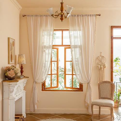 90 Inch Boho Cream Semi Sheer Curtains Light Filtering Back Tab Drapes for Living Room Sliding Door & Patio Privacy Protect Farmhouse Country Decor (Z-natrual / 50"W x 90"L (Pack of 2))