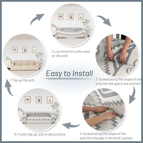Sectional Couch Cover Grey Boho Geometric Sofa Covers for Sectional Sofa L Shape Chenille Couch Protector for Dogs Pets Couch Throw Cover Washable Durable for Home Decor (71" x 118" / 2# Bohemia Light Grey)
