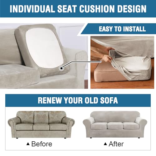 Rich Polyester Spandex Blend 2 Piece Cover Chair Slipcover Sofa Cover Furniture Protector Couch Soft with Elastic Bottom Chair Couch Cover with Arms Width Up to 49 Inch (1 Cushion Chair / Oatmeal)