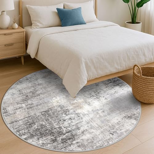 Abstract Round Area Rug 6 Ft Washable Circle Rugs Large Round Rug Non Slip Thin Soft Circle Rugs (Ash Grey/Beige / 6' (Round))