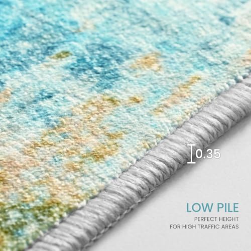 Living Room Rug 8x10 Teal Blue Area Rugs Machine Washable Abstract Boho Large Rug Non (Teal Blue / 8' x 10' (Rectangular))