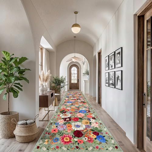 Green Floral Hallway Runner Rug 2'6"x14 for Bedroom Kitchen (Green / 2'6" x 14' (Rectangular))
