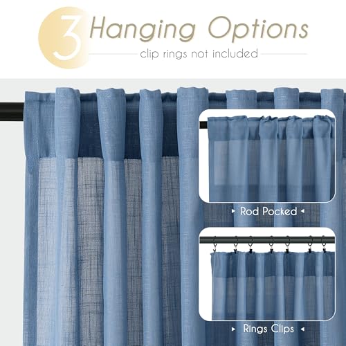 Denim Blue Curtains for Living Room Back Tab Modern Farmhouse Semi Sheer Blue Curtains 120 inches Long 2 Panels Set Muted Neutral Window Curtain for Dining Room Bedroom 52x120 (Denim Blue / 52"W x 120"L (Pack of 2))